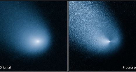 Las imágenes anteriores muestran - antes y después de la filtración - cometa C / 2013 A1, también conocido como Siding Spring, como se recoge en la Wide Field Camera 3 del Telescopio Espacial Hubble de la NASA.
