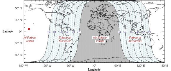 Mapa del eclipse Worldwide cortesía del sitio web de la NASA Eclipse.
