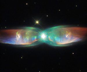 The Twin Jet Nebula, or PN M2-9, is a striking example of a bipolar planetary nebula. Bipolar planetary nebulae are formed when the central object is not a single star, but a binary system, Studies have shown that the nebula’s size increases with time, and measurements of this rate of increase suggest that the stellar outburst that formed the lobes occurred just 1200 years ago.
