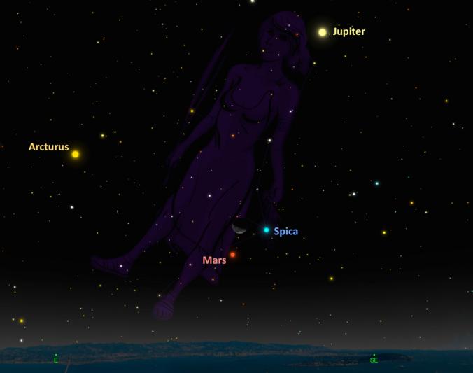 El domingo por la mañana, busque un triángulo impresionante celeste en el sureste, un modelo creado por la Luna, Marte y la estrella Spica brillante en la constelación de Virgo, la doncella.