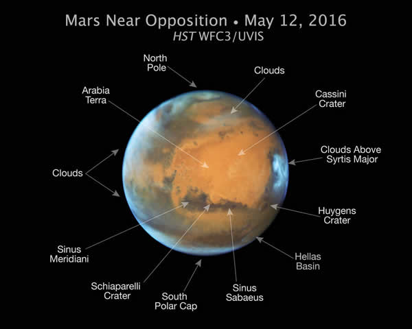 Situación de las principales características de Marte fotografiadas por el Hubble. Image Credit: NASA/ESA/Hubble